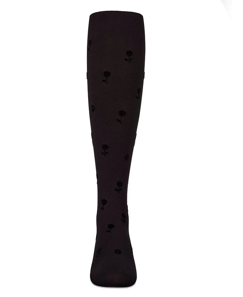 Memoi Girls Opaque Rose-Pattern Flocked Tights