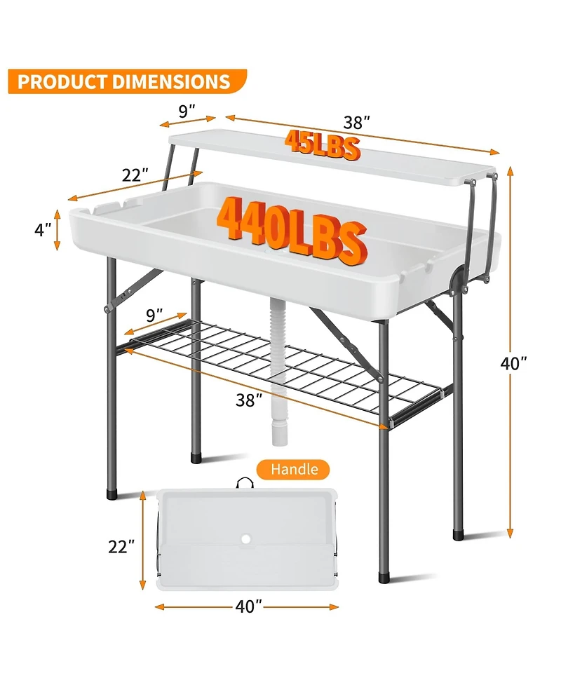 2-Tier Outdoor Portable Folding Ice Cooler Table with Removable Matching Skirt and Shelf