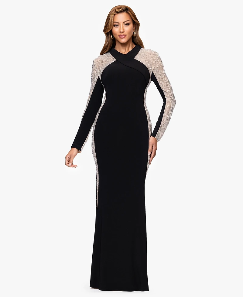 Xscape Women's V-Neck Long Sleeve Dress