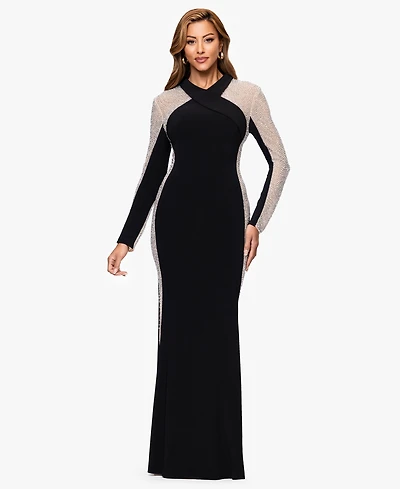 Xscape Women's V-Neck Long Sleeve Dress