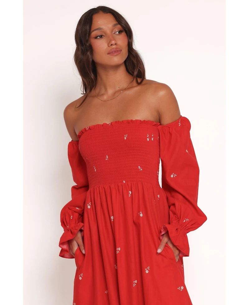 Petal and Pup Women's Domenica Shirred Long Sleeve Midi Dress - Red Floral Bandana