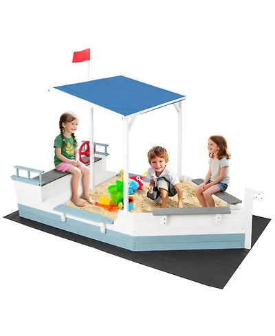 Fir Wood Sandbox with Sloping Canopy Liner Multiple Seats Large Storage Space