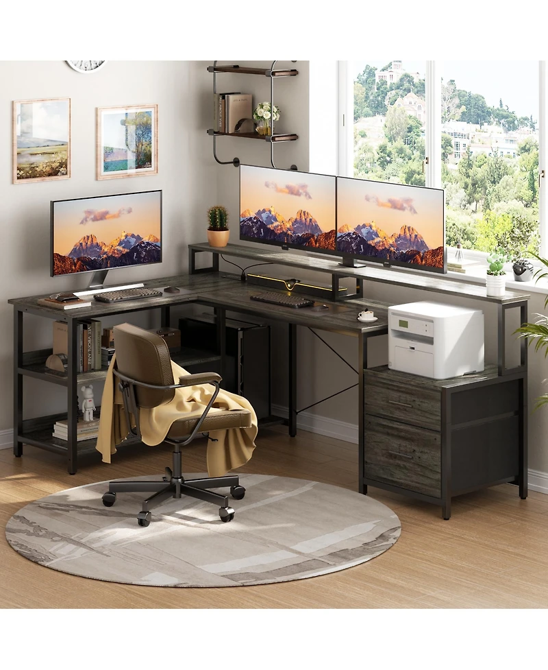 Aheaplus L-Shaped Computer Desk with Drawers and Monitor Shelf, Gaming Desks Led Strip