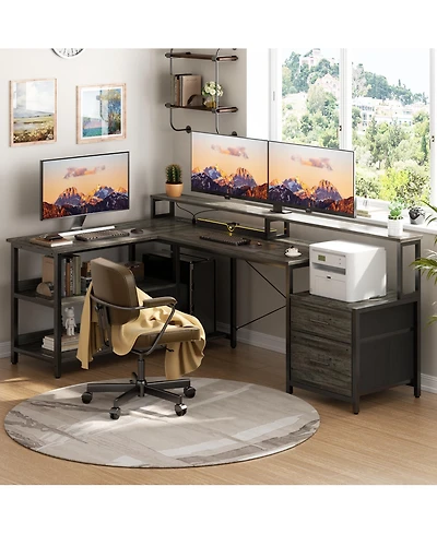 Aheaplus L-Shaped Computer Desk with Drawers and Monitor Shelf, Gaming Desks Led Strip