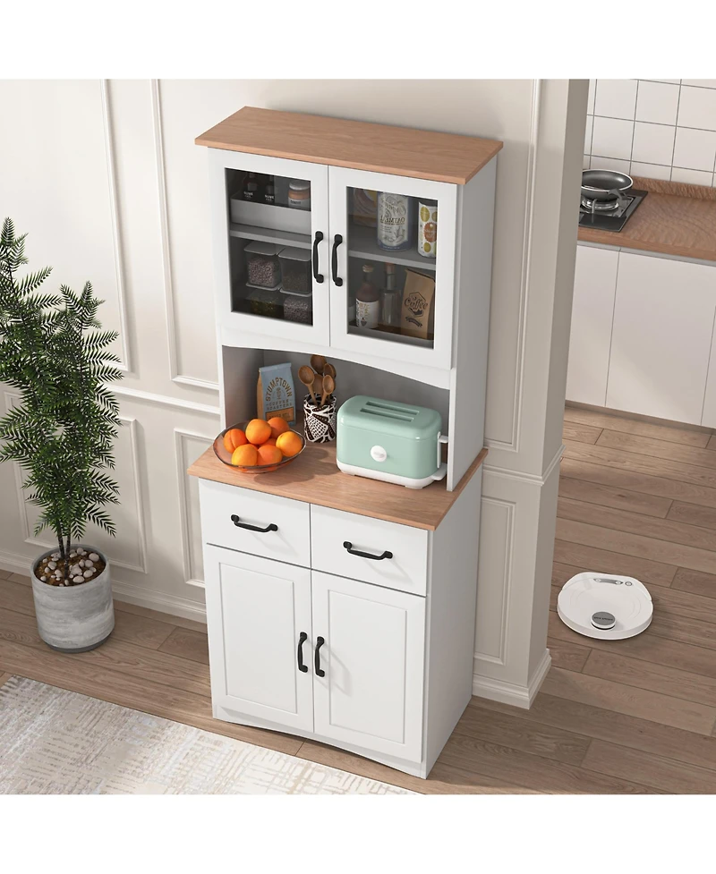 Casainc Wooden Kitchen Pantry Cabinet with Glass Doors and Storage Drawer