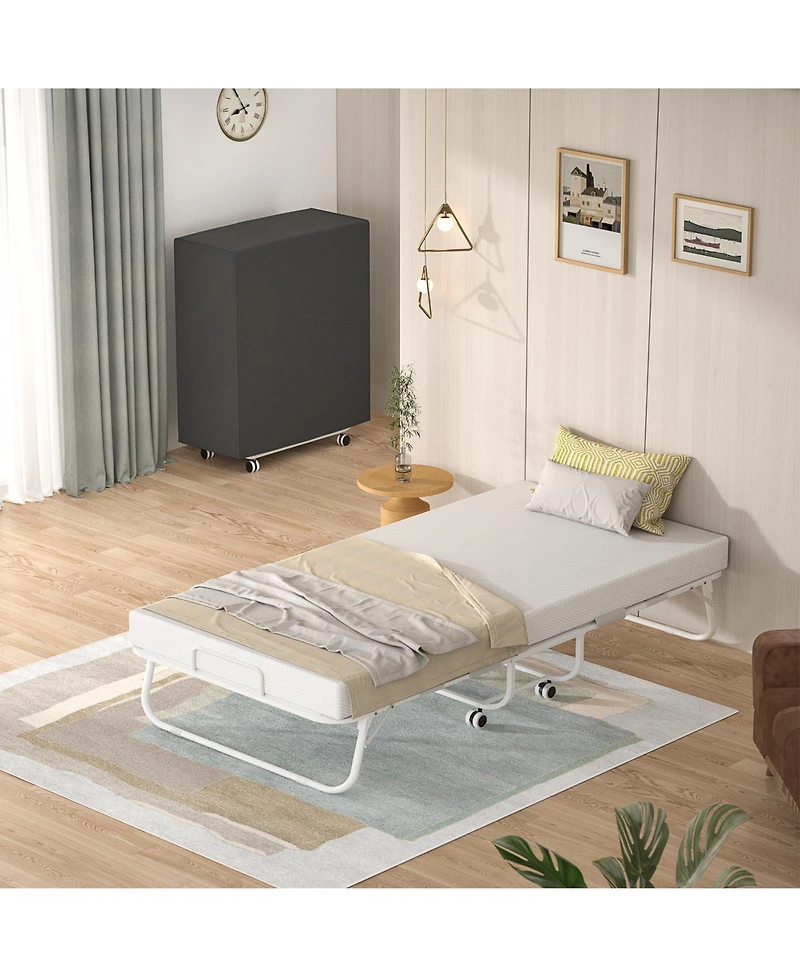 Twin Folding Bed with Mattress, Portable Foldable Bed with Storage Cover and Sturdy Metal Frame, 75'' x 31''