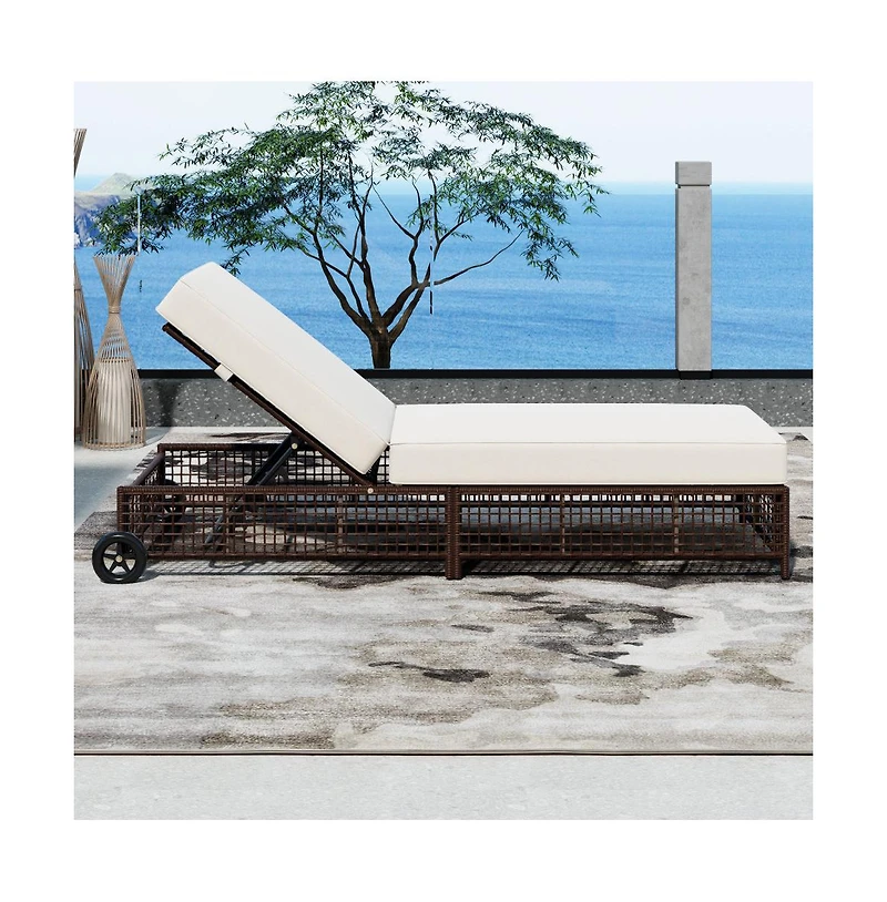 Chic Crate - Set of 2 Adjustable Rattan Pool Lounge Chairs with Wheels Waterproof Outdoor Patio Furniture for Backyard & Garden (Grey+Beige)