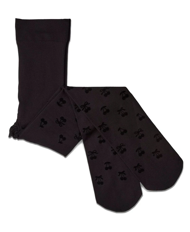 Memoi Girls Opaque Cherry-Pattern Flocked Tights