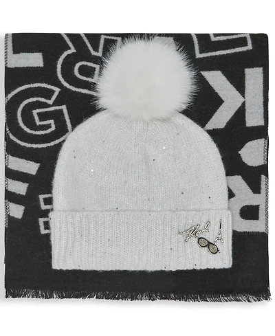 Karl Lagerfeld Paris Women's 2-Piece Karl Jumble Muffler And Sequin Knit Beanie Gift Set