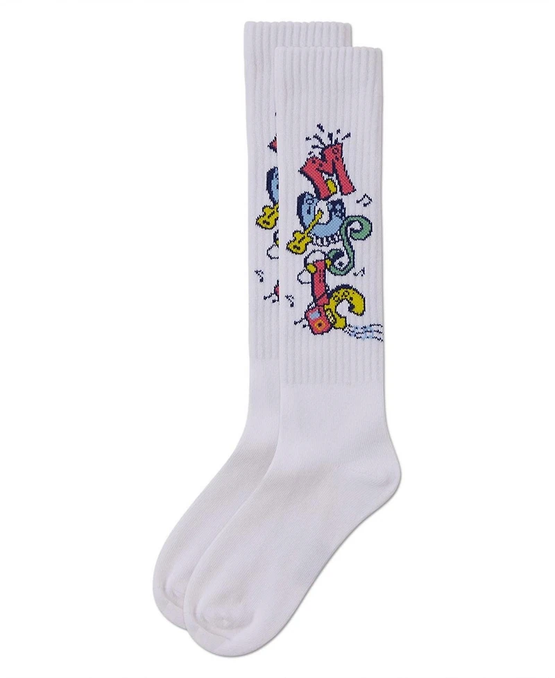 Memoi Big Girls Ribbed Cotton Blend "Graffiti Music" Knee Sock