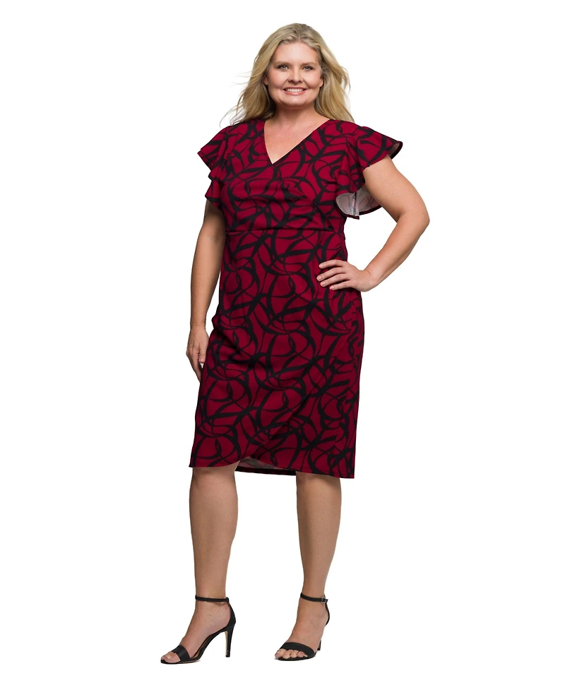 24seven Comfort Apparel Plus Size Burgundy Print Flutter Sleeve Faux Wrap Dress