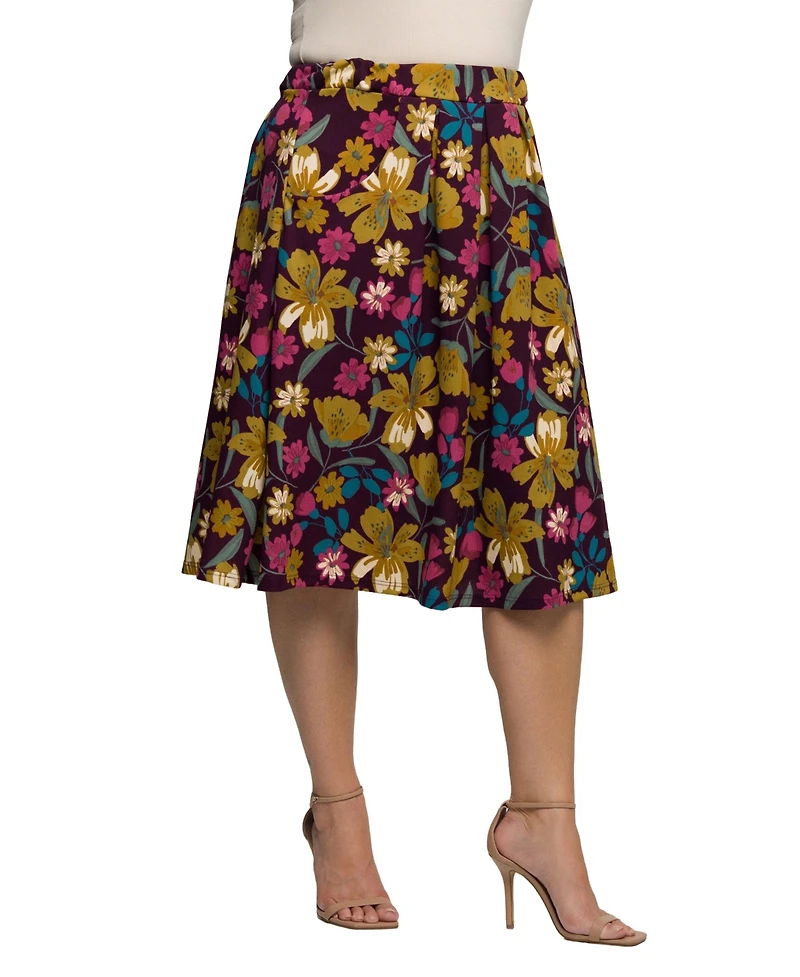 24seven Comfort Apparel Plus Purple Floral Elastic Waist Pocket Midi Skirt