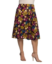 24seven Comfort Apparel Plus Purple Floral Elastic Waist Pocket Midi Skirt