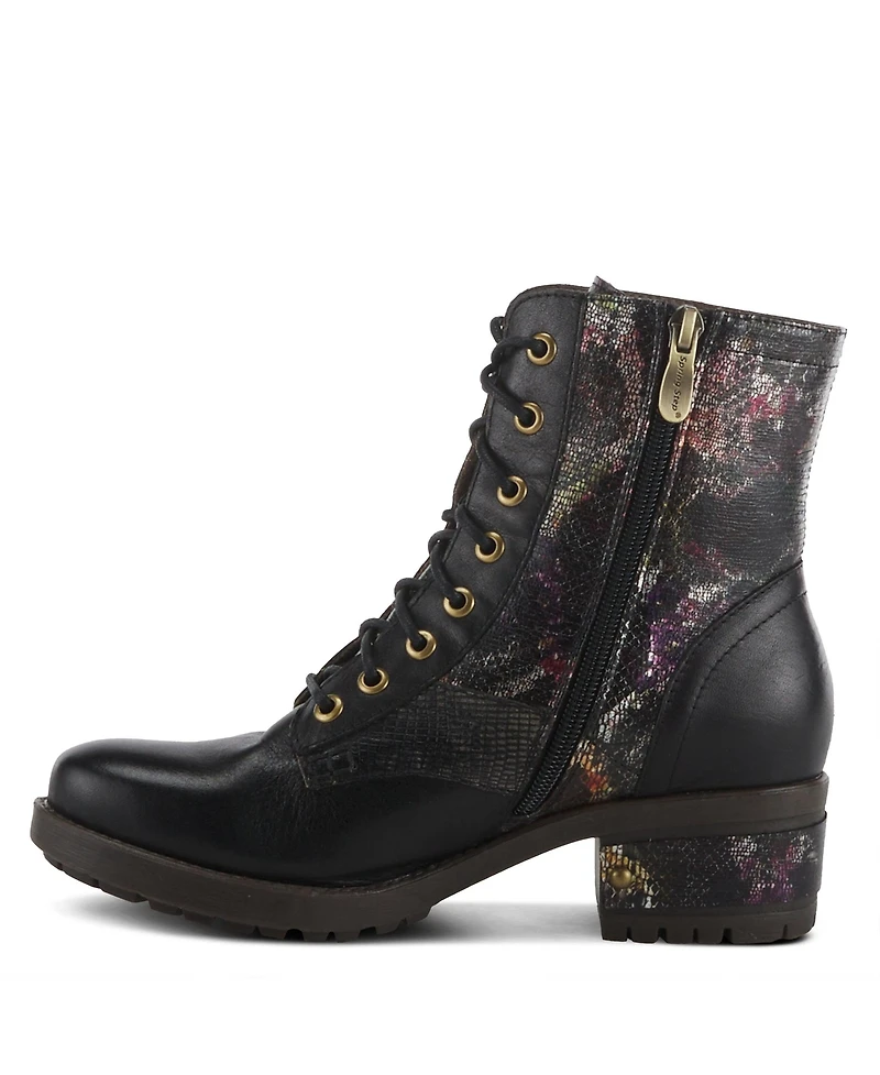 L Artiste Women s Marty-met Lace-Up Floral Metallic Boots with Faux Snakeskin Texture and Embossed Heel