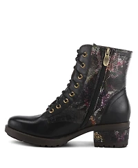 L Artiste Women s Marty-met Lace-Up Floral Metallic Boots with Faux Snakeskin Texture and Embossed Heel