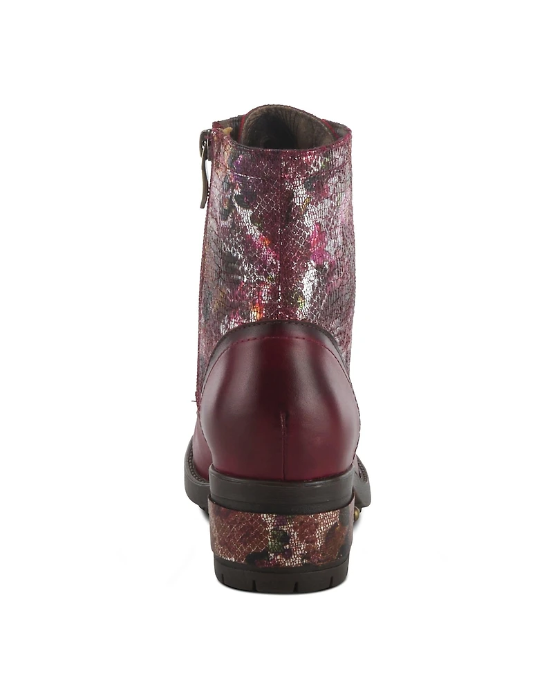 L Artiste Women s Marty-met Lace-Up Floral Metallic Boots with Faux Snakeskin Texture and Embossed Heel