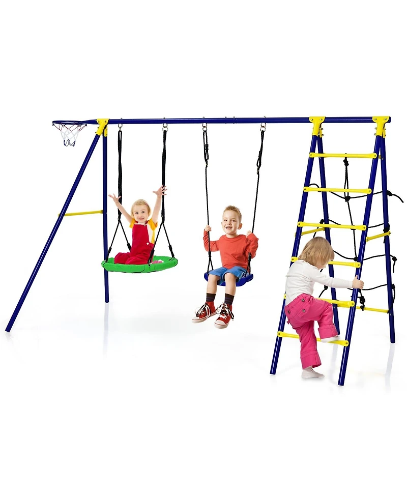 5-in-1 Outdoor Kids Swing Set with Metal Frame & Ground Stake