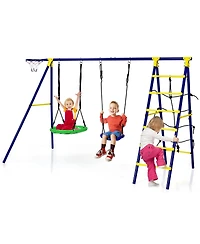 5-in-1 Outdoor Kids Swing Set with Metal Frame & Ground Stake