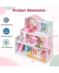 Kids Wooden Dollhouse Playset with 5 Simulated Rooms and 10 Pieces of Furniture