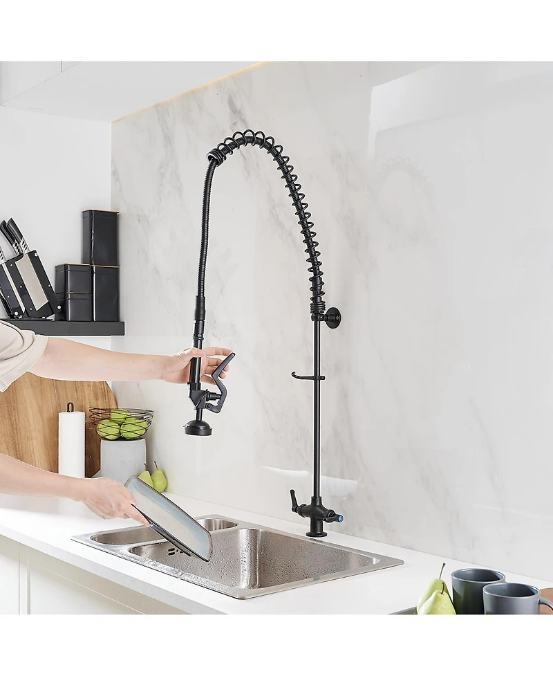Commercial Restaurant Pull Down 2-Handle Wall Mount Pre-Rinse Spray Utility Kitchen Faucet in Matte Black