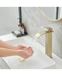 Waterfall Single Hole Single Handle Bathroom Vessel Sink Faucet With Supply Hose in Brushed Gold