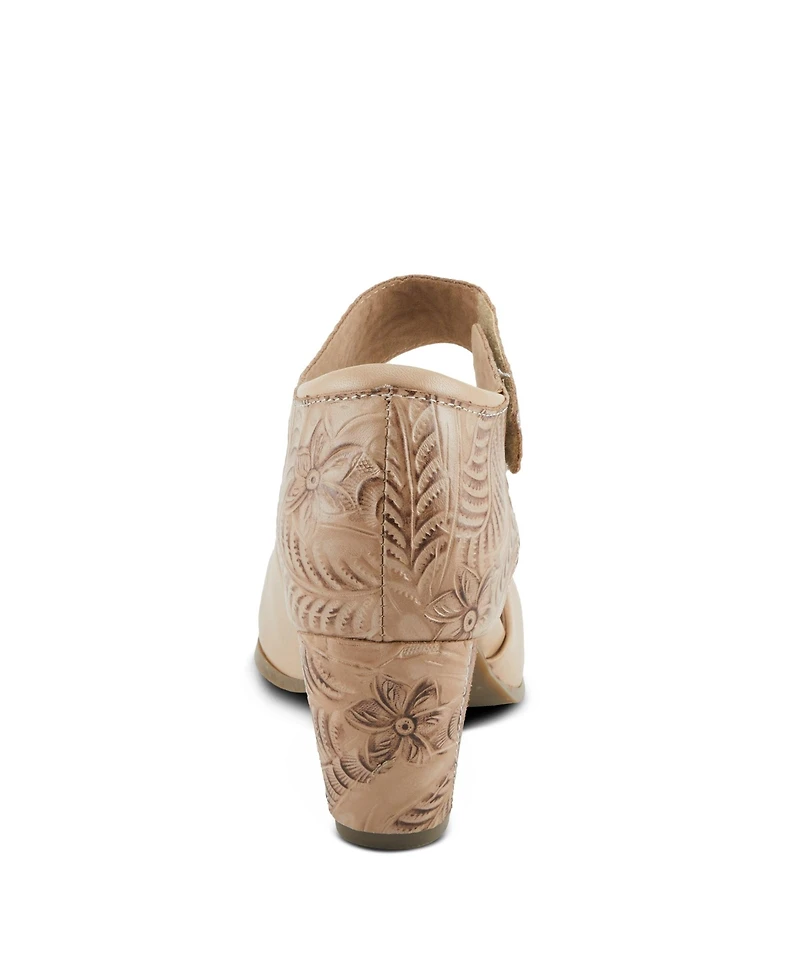 L'Artiste Women's Toolie Hand-Painted Leather D'Orsay Mary Jane Heels with Tooled Details, Hook-and-Loop Strap, Padded Collar, and Stacked Heel