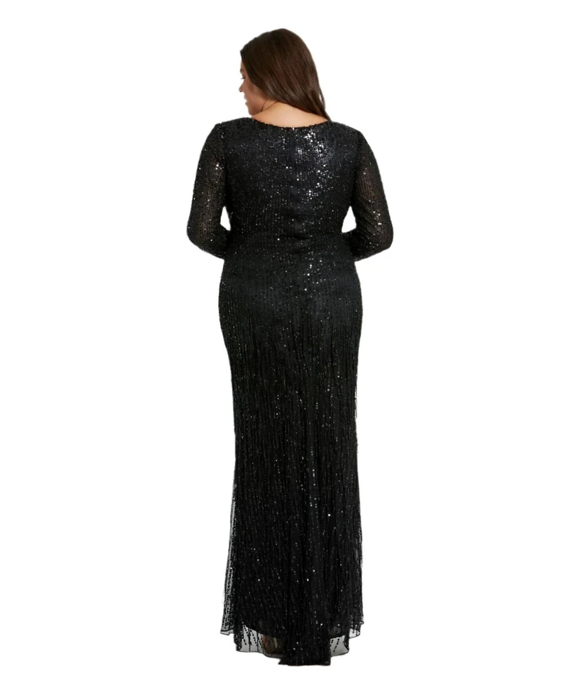 Mac Duggal Women's Long Sleeve V Neck Beaded Fringe Gown