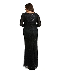 Mac Duggal Women's Long Sleeve V Neck Beaded Fringe Gown