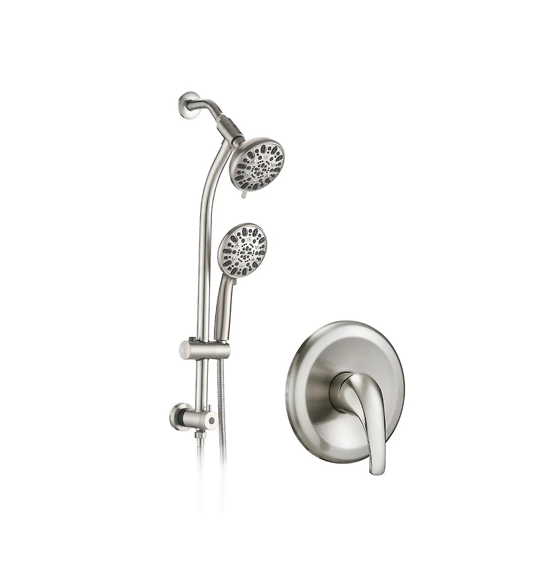 Rainsken Drill-Free Stainless Steel Slide Bar Combo Rain Showerhead 7-Setting Hand, Dual Shower Head Spa System (Rough-in Valve Included)