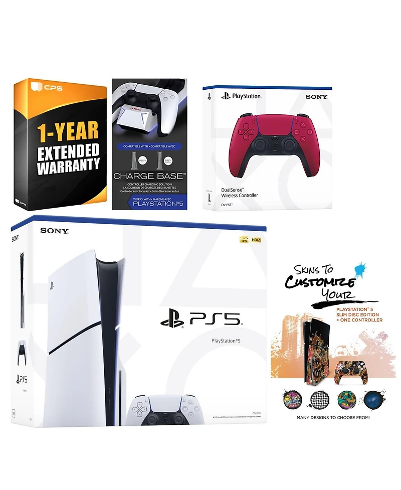 Sony Playstation 5 Slim Disc with Extra Volcanic Red Controller, Charging Dock and MightySkins Decal Voucher + 1 Year Cps Extended Warranty