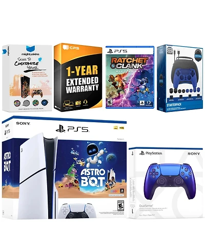 Sony PlayStation 5 Slim Disc Astro Bot, Rachet and Clank Bundle with Extra Chroma Indigo Controller, Pro Gamer Starter Kit, MightySkins Code 1 Yea