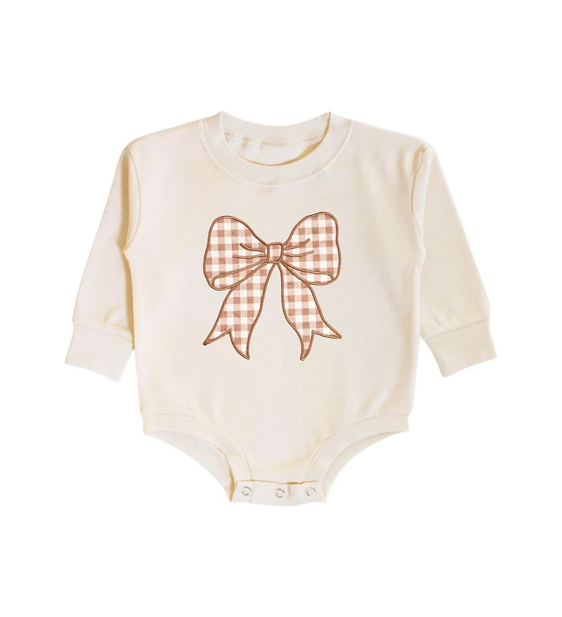 Sweet Wink Baby Girl Gingham Bow Patch Long Sleeve Romper