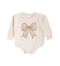 Sweet Wink Baby Girl Gingham Bow Patch Long Sleeve Romper