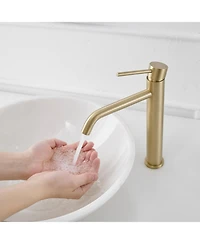 Modern Single Hole Handle Vessel Bathroom Vanity Sink Faucet With Pop Up Drain Without Overflow Brushed Gold