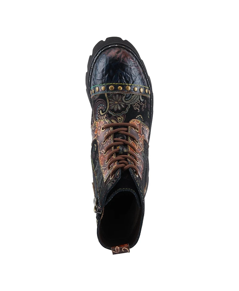 L Artiste Women s Severity Hand-Painted Lace-Up Combat Boot with Studs, Suede Shaft, and Lug Sole