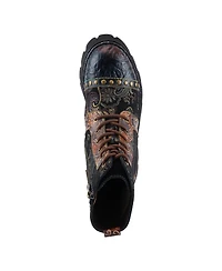 L Artiste Women s Severity Hand-Painted Lace-Up Combat Boot with Studs, Suede Shaft, and Lug Sole