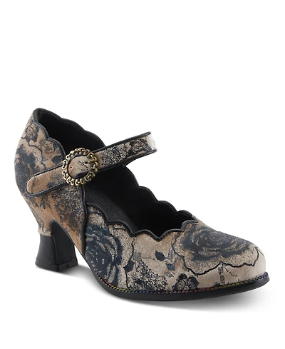 L'Artiste Women's Adodora-Prit Baroque Mary Jane Shoes with Velvet and Leather Upper, Scalloped Edges, Antique Buckle, Cushioned Insole, Sculpted