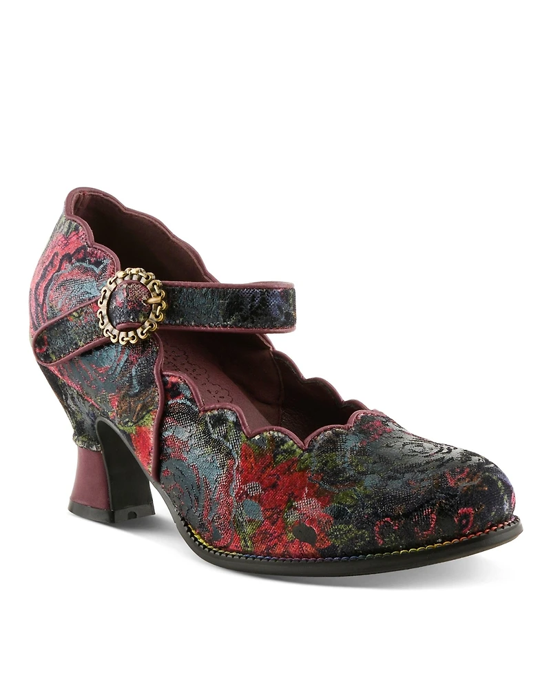 L'Artiste Women's Adodora-Prit Baroque Mary Jane Shoes with Velvet and Leather Upper, Scalloped Edges, Antique Buckle, Cushioned Insole, Sculpted