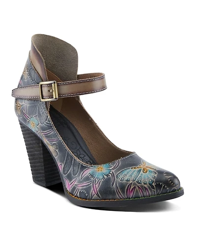 L Artiste Women s Foxglove Leather Pumps with Floral Butterfly Art, Ankle Strap, and Stacked Western Heel
