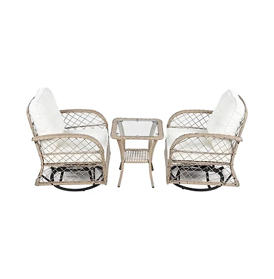 Chic Crate - 3-Piece Rattan Outdoor Furniture Set - Modern Swivel Chairs & Square Table with Chat Group Design