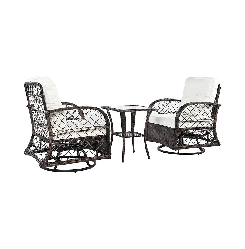Chic Crate - 3-Piece Rattan Outdoor Furniture Set Modern Swivel Chairs & Square Table with Chat Group Design