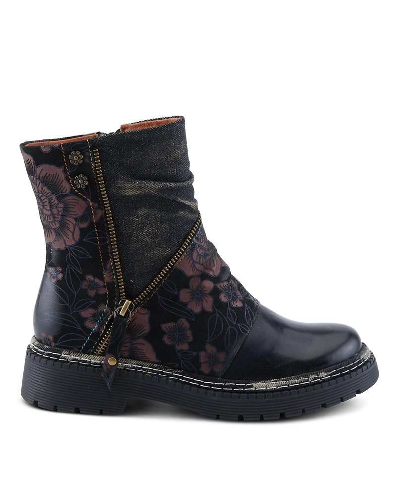 L'Artiste Women's Avrilrose Leather and Denim Booties with Daisy Accents, Lug Sole, Dual Zippers, Urban Grunge Design – Unique Mixed-Material Ankl