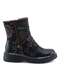 L'Artiste Women's Avrilrose Leather and Denim Booties with Daisy Accents, Lug Sole, Dual Zippers, Urban Grunge Design – Unique Mixed-Material Ankl
