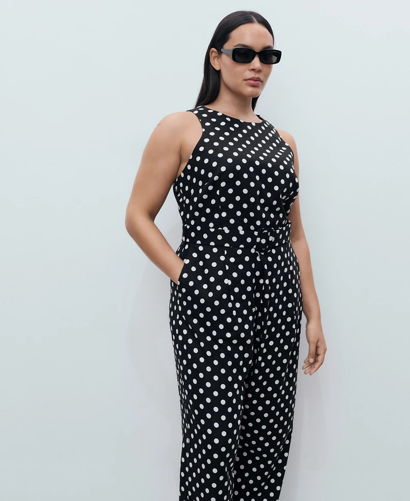 Mango Women's Polka-Dot Belt Linen Jumpsuit