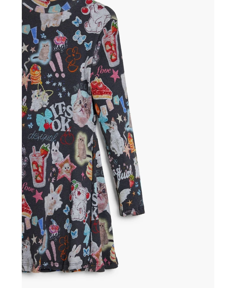 Desigual Girls's Long sleeve cat skater dress