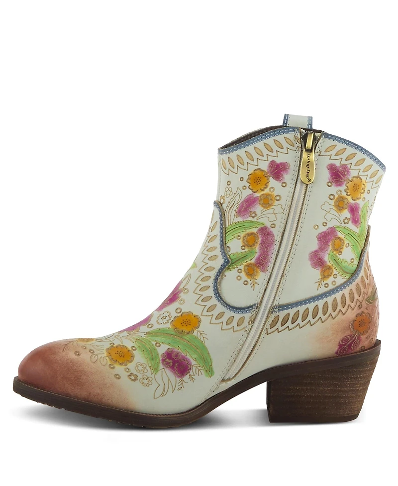 L Artiste Women s Galop Handpainted Leather Western Booties with Floral Embossing, Pull Tab, and Side Zipper