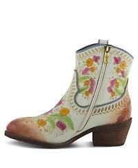 L Artiste Women s Galop Handpainted Leather Western Booties with Floral Embossing, Pull Tab, and Side Zipper