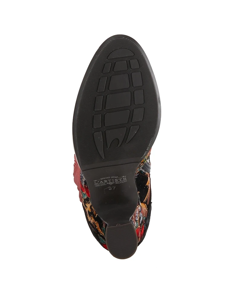 L Artiste Women s Roselia Lace-Up Floral Tapestry Boots with Sculpted Heel and Inside Zipper