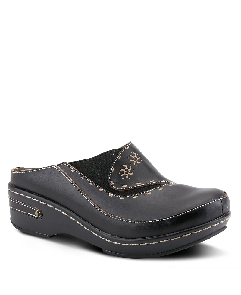 L Artiste Women s Chino Hand-Painted Open-Back Leather Clog with Embossed Details and Elastic Inset