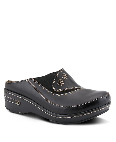 L Artiste Women s Chino Hand-Painted Open-Back Leather Clog with Embossed Details and Elastic Inset